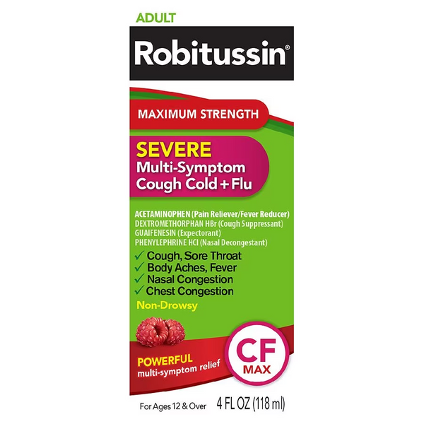 Robitussin Adult Maximum Strength Severe Multi-Symptom Cough Cold & Flu Raspberry, 4 oz